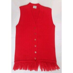 Vintage 1970s Ladies Large Carol Brent Red Knit Long Fringed  Button Down Vest